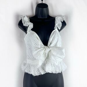 V. Chapman White Cotton Eyelet Crop Top Ruffle Bow Bridal Festival Blouse 4
